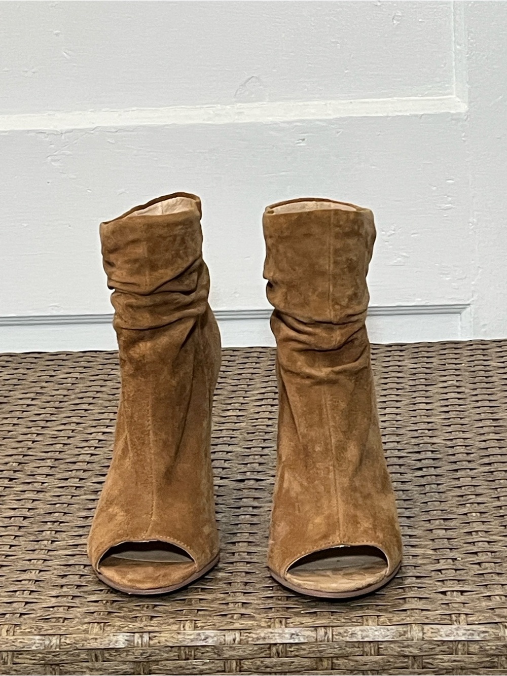 Suede Slouch Peep-Toe Ankle Boots in Brown